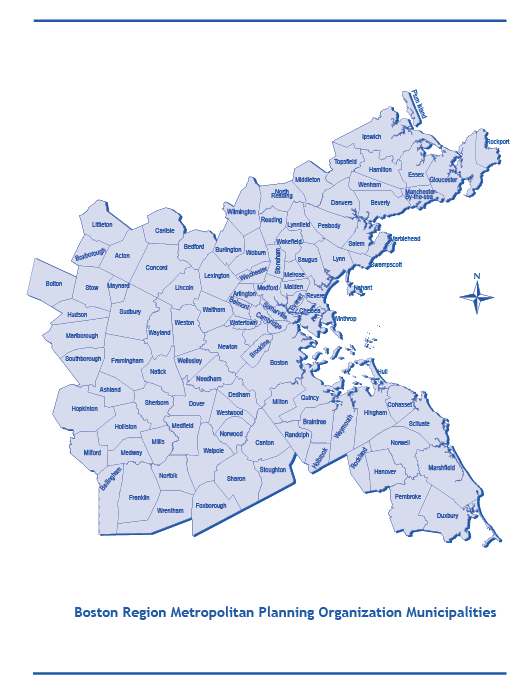 This is a map of the cities and towns in the Boston Region. There are 101 cities and towns within the Boston Region Metropolitan Planning Organization’s planning area.